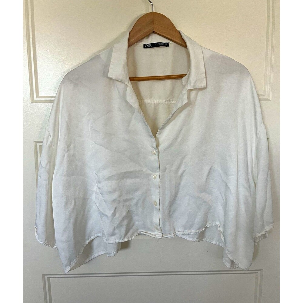 ZARA White Solid Collared Short Sleeve Cropped Button-Up Shirt Women's L